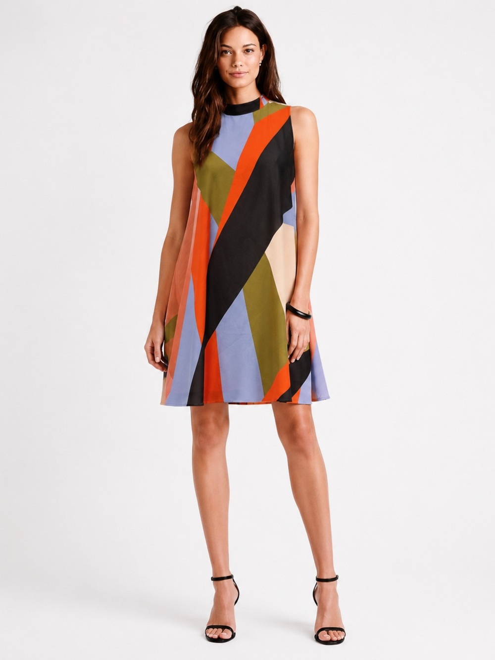 Maeve Geometric Print Swing Dress Multicolor Sleeveless Mock Neck Size S